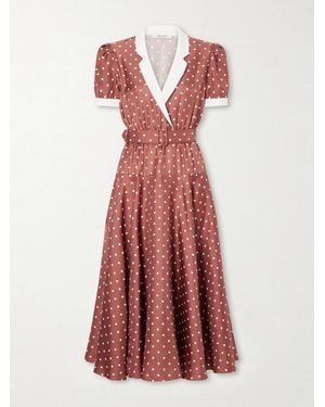 Rodarte Belted Pleated Polka-Dot Crepe-Trimmed Silk-Twill Midi Dress - Red