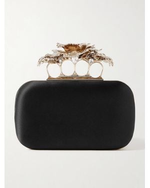 McQueen Carnation Knuckle Crystal-Embellished Satin Clutch - Black