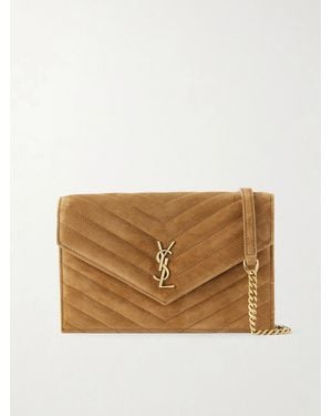 Saint Laurent Cassandre Envelope Matelassé Logo-Detailed Suede Chain Shoulder Bag - Natural