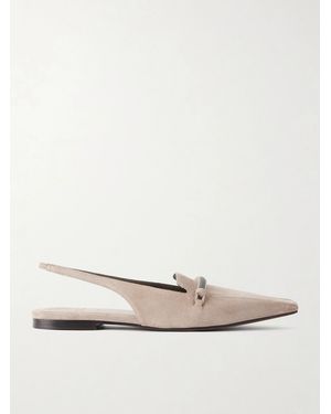 Brunello Cucinelli Suede Pointed-Toe Slingback Flats - Natural