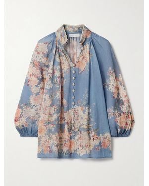 Zimmermann Cascadian Lace-Trimmed Floral-Print Ramie Blouse - Blue