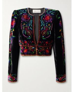 Saloni Vika Cropped Beaded Printed Velvet Jacket - Black
