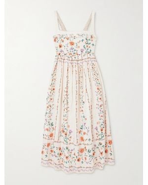 Agua Bendita Barbara Pleated Bead-Embellished Floral-Print Linen Midi Dress - Natural