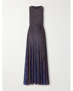 Missoni Belted Pleated Striped Metallic Crochet-Knit Maxi Dress - Blue