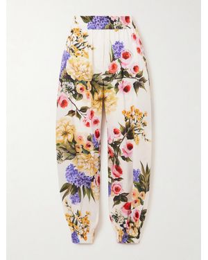 Dolce & Gabbana Pleated Floral-Print Cotton-Poplin Tapered Trousers - White