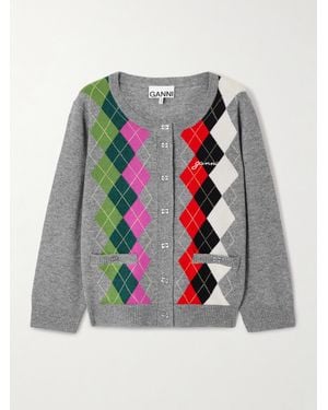 Ganni Logo-Embroidered Argyle Merino Wool And Cashmere-Blend Cardigan - Grey