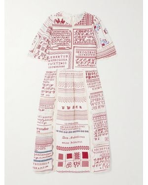 Sea Kit Scalloped Crochet-Trimmed Embroidered Cotton And Linen-Blend Midi Dress - Pink
