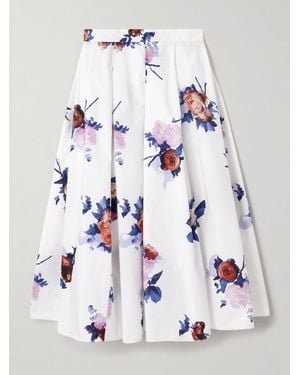 Erdem Pleated Floral-Print Cotton-Poplin Midi Skirt - White
