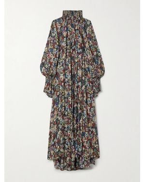 KHAITE Edgar Pleated Floral-Print Silk-Chiffon Turtleneck Maxi Dress - Black