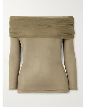 Christopher Esber Veiled Draped Off-The-Shoulder Ribbed Jersey And Silk-Tulle Top - Green