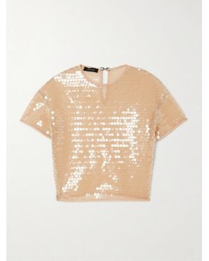 Mugler Cropped Sequined Stretch-Tulle Top - Natural