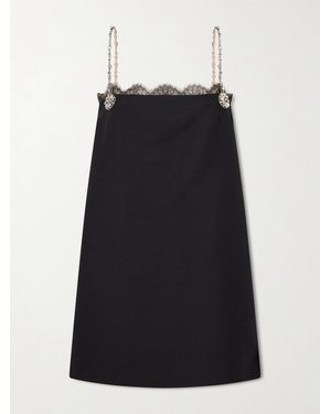 Valentino Garavani Crystal-Embellished Lace-Trimmed Wool And Silk-Blend Crepe Mini Dress - Black