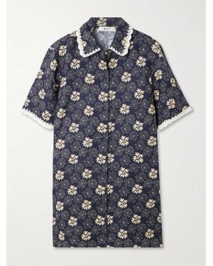 Sea Gloria Embroidered Printed Linen Mini Dress - Blue