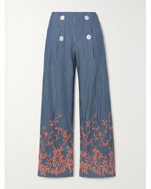 Loretta Caponi Net Sustain Alicia Embroidered Striped Cotton-Twill Straight-Leg Trousers - Blue