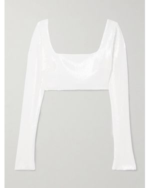 Galvan London Beating Heart Cropped Sequined Tulle Top - White