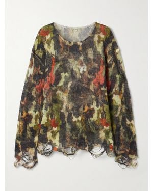R13 Boyfriend Distressed Camouflage-Print Open-Knit Sweater - Grün