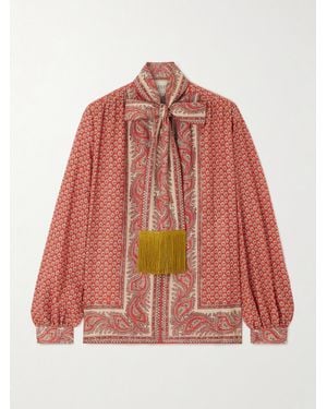 Valentino Garavani Fringed Scarf-Detailed Printed Cotton Shirt - Red