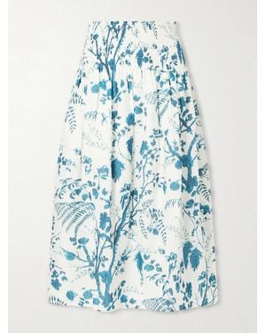 Erdem Shirred Floral-Print Cotton And Linen-Blend Midi Skirt - Blue