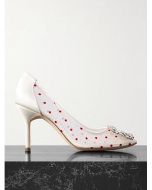 Manolo Blahnik Hangisi 90 Satin-Trimmed Crystal-Embellished Flocked Mesh Court Shoes - Pink