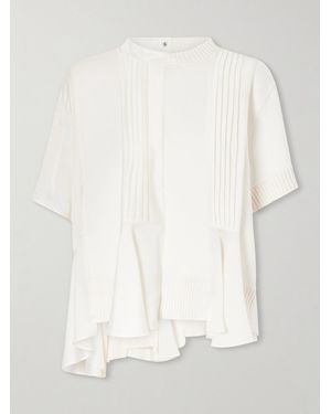 Sacai Paneled Pleated Ruffled Chiffon And Cotton-Blend Top - White