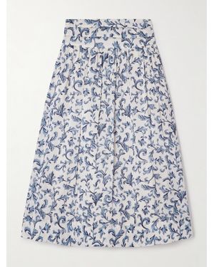 Posse Rue Pleated Printed Linen And Silk-Blend Midi Skirt - Blau