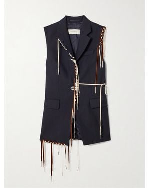 Dries Van Noten Fringed Grosgrain And Velvet-Trimmed Herringbone Wool Vest - Blue