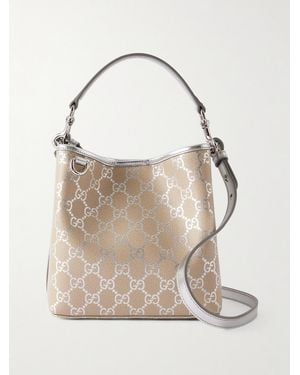 Gucci Gg Emblem Metallic-Trimmed Printed Leather Shoulder Bag - Natural