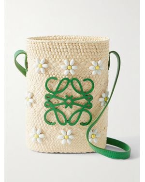 Loewe Paula's Ibiza Anagram Beaded Leather-Trimmed Raffia Shoulder Bag - Green