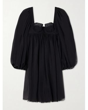 Dolce & Gabbana Pleated Lace-Trimmed Silk And Cotton-Blend Voile Mini Dress - Black