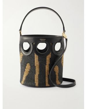 Ferragamo Cutout Leather-Paneled Raffia Tote - Black