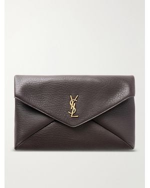 Saint Laurent Cassandre Large Textured-Leather Clutch - Grey
