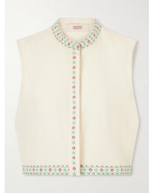 Emporio Sirenuse Andorra Astragal Mare Embroidered Linen And Cotton-Blend Top - Natural
