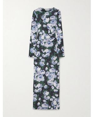 Stella McCartney Gathered Floral-Print Stretch-Mesh Maxi Dress - Blue