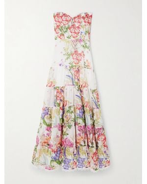Charo Ruiz Danny Strapless Tiered Floral-Print Cotton-Blend Voile Maxi Dress - White