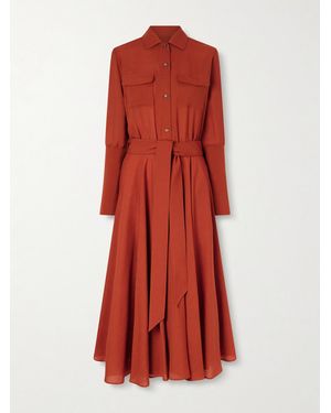 Loro Piana Verlaine Belted Pleated Wool Midi Shirt Dress - Red