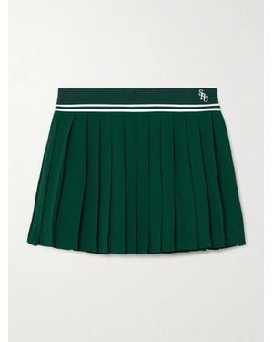 Sporty & Rich Abigail Pleated Embroidered Striped Crepe De Chine Mini Skirt - Green