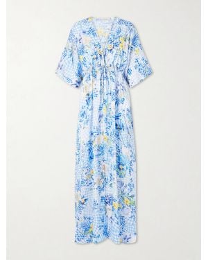 Mary Katrantzou Taormina Checked Floral-Print Satin Kaftan - Blue