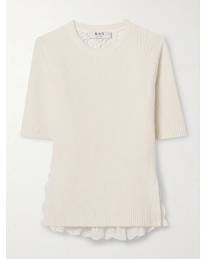 Sea Lennon Ribbed Merino Wool-Blend And Broderie Anglaise Cotton Top - Natural