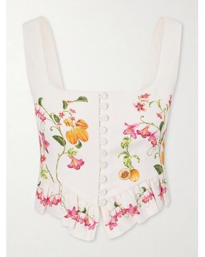 Agua Bendita Eslabón Cropped Ruffled Floral-Print Linen Top - Pink