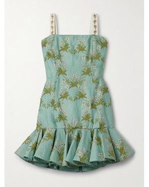 Agua Bendita Tumbao Orquidea Ruffled Appliquéd Embroidered Linen Mini Dress - Green