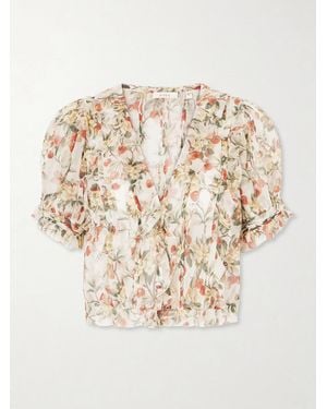 Doen Salona Pintucked Ruffled Floral-Print Silk-Georgette Blouse - Natural