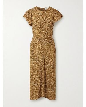 Isabel Marant Terena Gathered Printed Stretch-Silk Crepe De Chine Midi Dress - Metallic