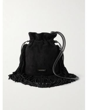Aquazzura Gytane Mini Leather-Trimmed Fringed Suede Pouch - Black