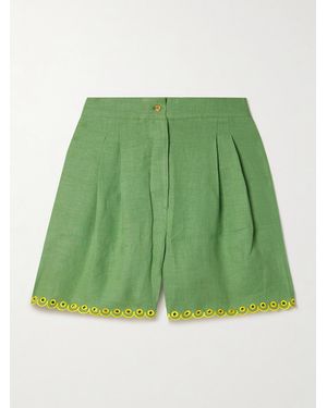 Sleeper Petra Pleated Broderie Anglaise-Trimmed Linen Pajama Shorts - Green