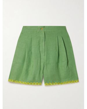Sleeper Petra Pleated Broderie Anglaise-Trimmed Linen Pyjama Shorts - Green