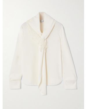 Oscar de la Renta Tie-Detailed Lace-Trimmed Silk-Blend Georgette Blouse - Natural