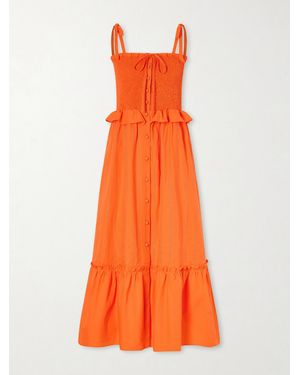 Loretta Caponi Alberica Ruffled Tiered Shirred Cotton-Poplin Midi Dress - Orange