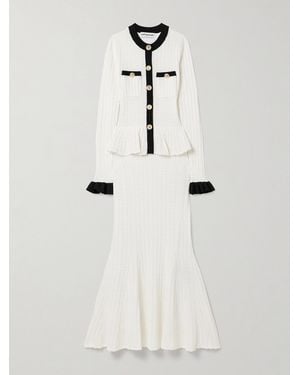 Self-Portrait Pointelle-Knit Peplum Midi Dress - Natural