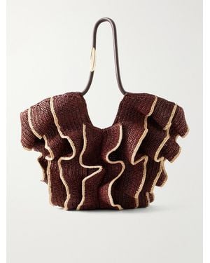 Zimmermann Goldentime Ruffled Leather-Trimmed Raffia Medium Tote - Brown