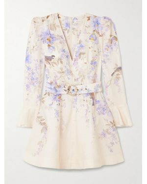 Zimmermann Luna Belted Floral-Print Linen Mini Dress - Natural